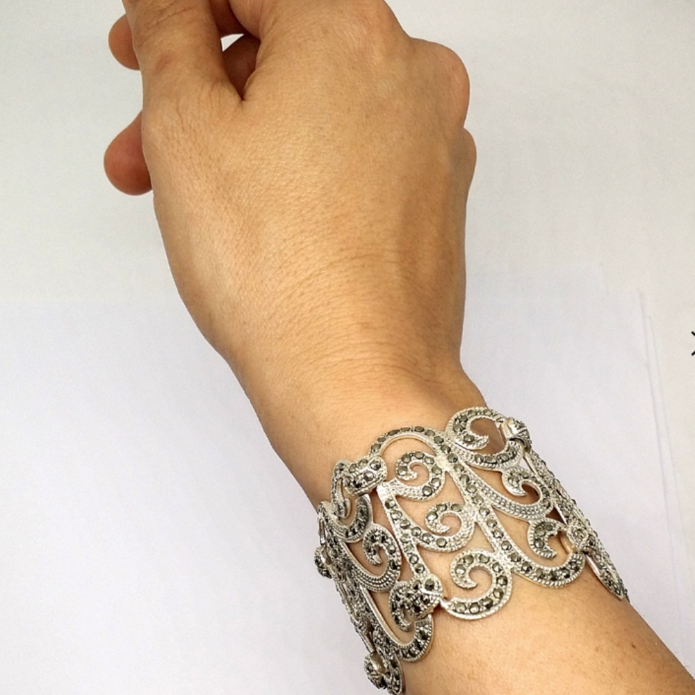 Maureen Wide Solid Silver Marcasite Bracelet - image 8